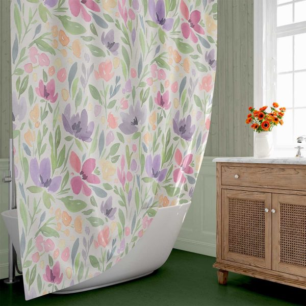Top view of the floral shower curtain cascading down.