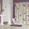 Floral shower curtain hanging in a bathroom setting.
