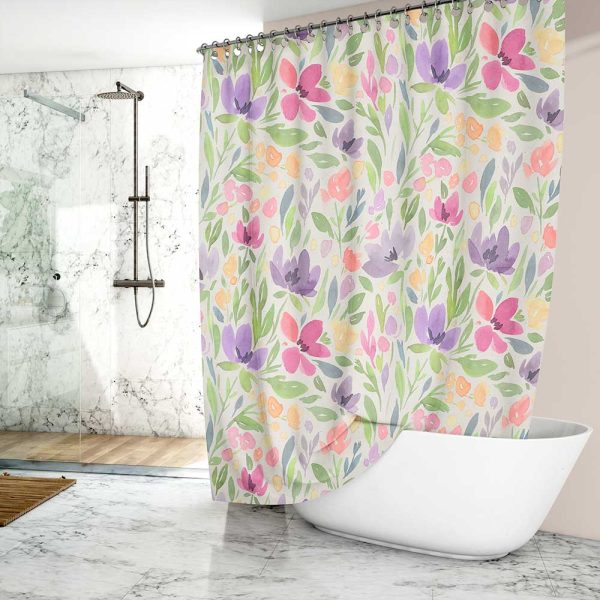 Side view of the floral shower curtain, highlighting its waterproof feature.