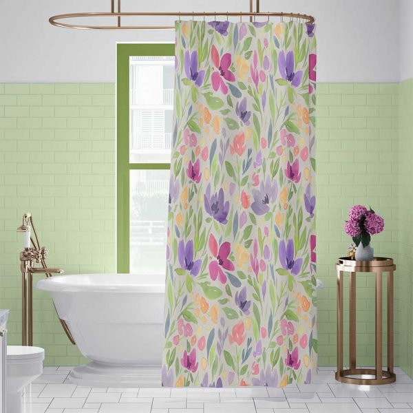 Colorful abstract floral fabric shower curtain with grommets.