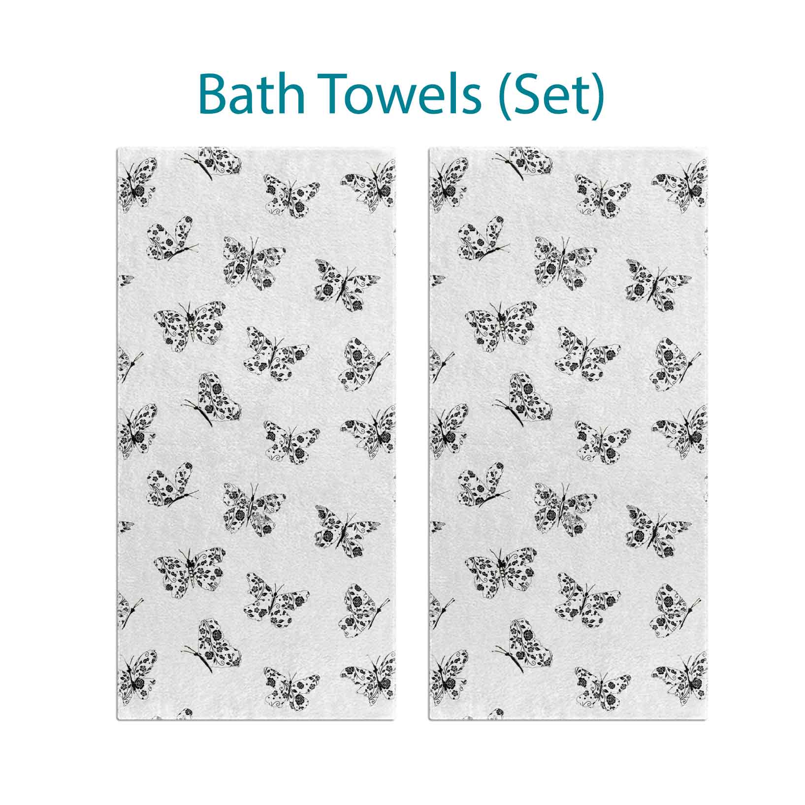 Set of 2 bath towels with black and white abstract butterfly prints, perfect for a modern girls' bathroom.