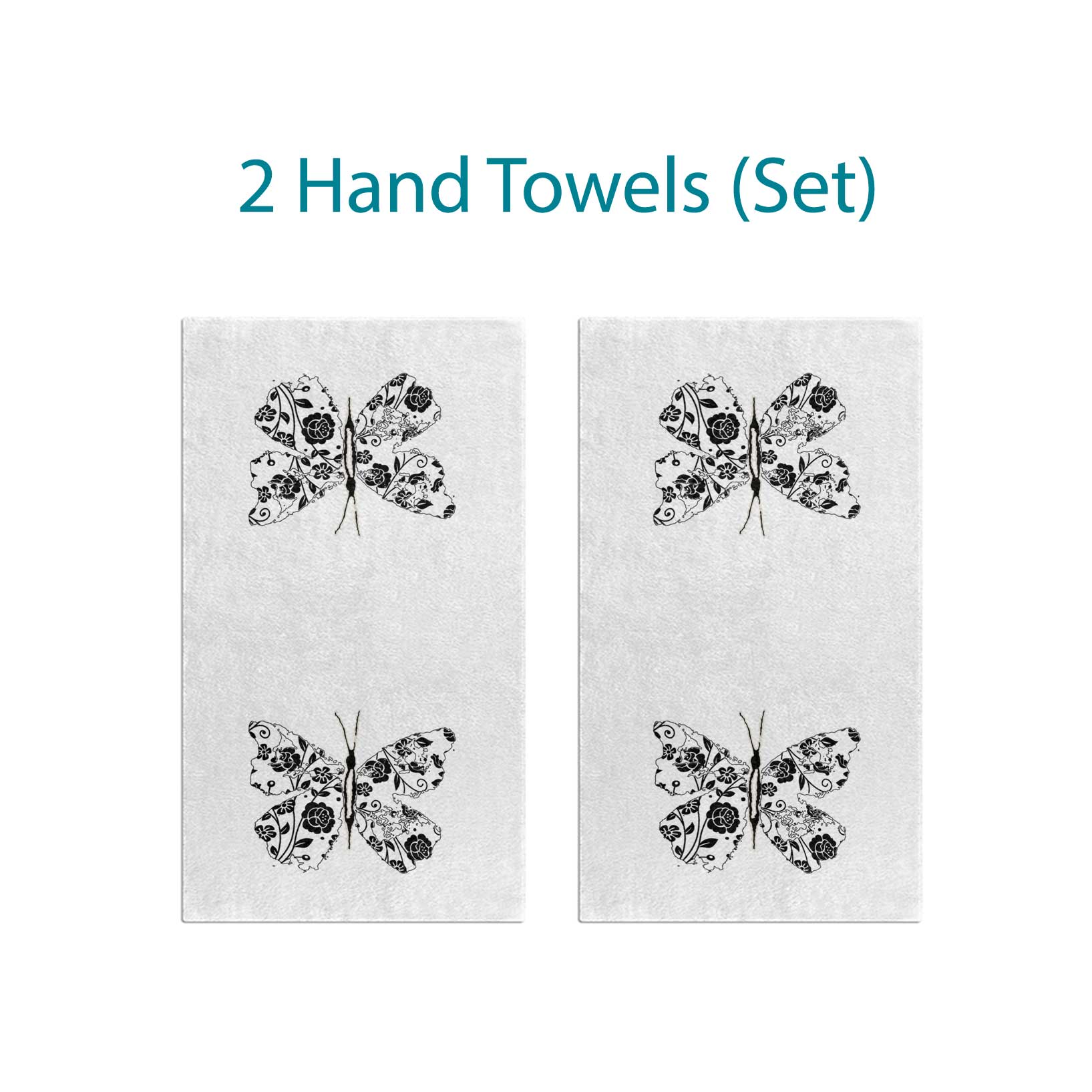 Set of 2 hand towels with black and white abstract butterfly prints, ideal for a modern girls' bathroom.