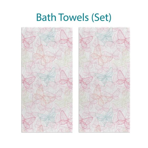 Set of 2 bath towels with pink and blue butterfly prints, ideal for a girl's bathroom.