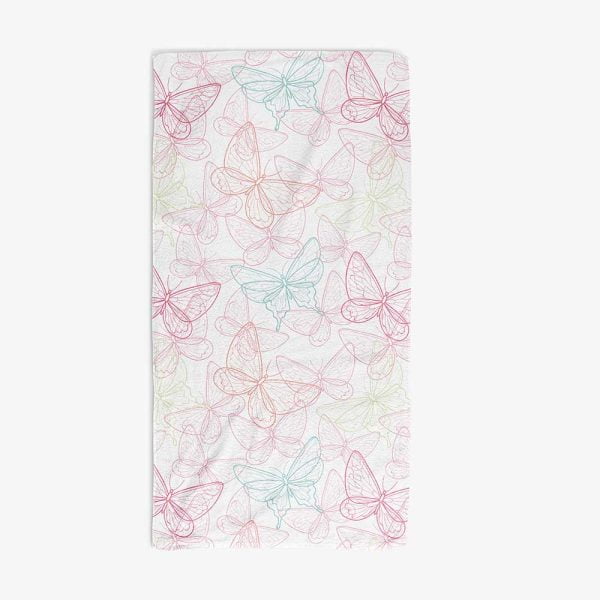 Bath towel with pink and blue butterfly print, perfect for a girl's bathroom.