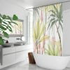 Vibrant tropical shower curtain with lush green palm leaves and delicate pink floral accents, perfect for a refreshing bathroom upgrade