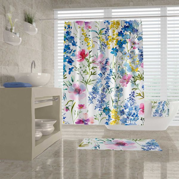 Bright floral fabric shower curtain with lilac, purple, pink, and yellow flowers and strong metal grommets
