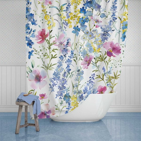 Floral shower curtain with lilac, purple, pink, and yellow flowers and sturdy metal grommets for hanging