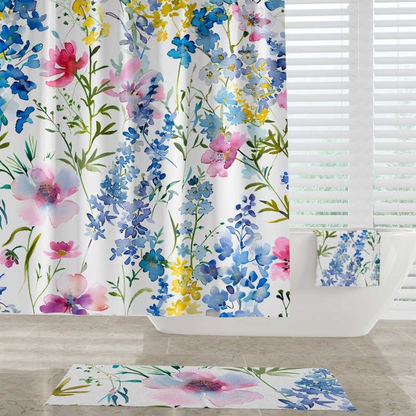 Bright floral fabric shower curtain with lilac, purple, pink, and yellow flowers and strong metal grommets