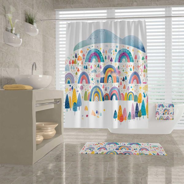 Fun abstract design made of colorful rainbows on a shower curtain for kids