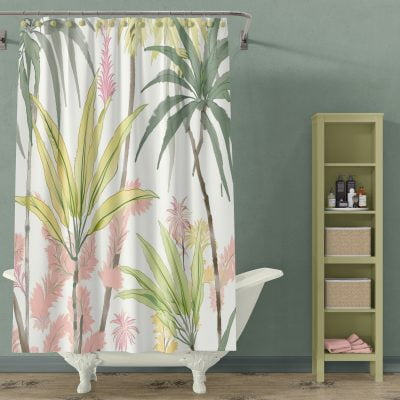 Tropical shower curtain with green palm leaves and pink flowers print, featuring durable metal grommets for easy hanging