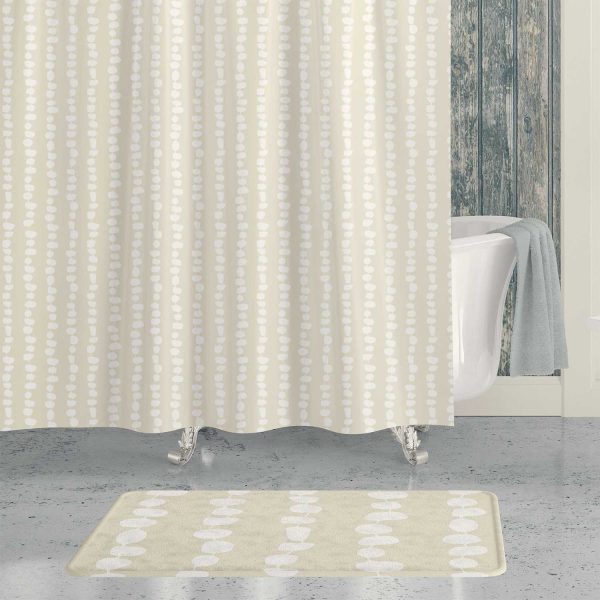 Coastal beige and white pebble striped shower curtain and matching bath mat set by Ozscape Designs.