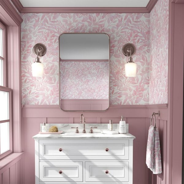 Soft pink watercolor leaves vinyl peel and stick wallpaper in a bathroom, creating a fresh and tranquil atmosphere