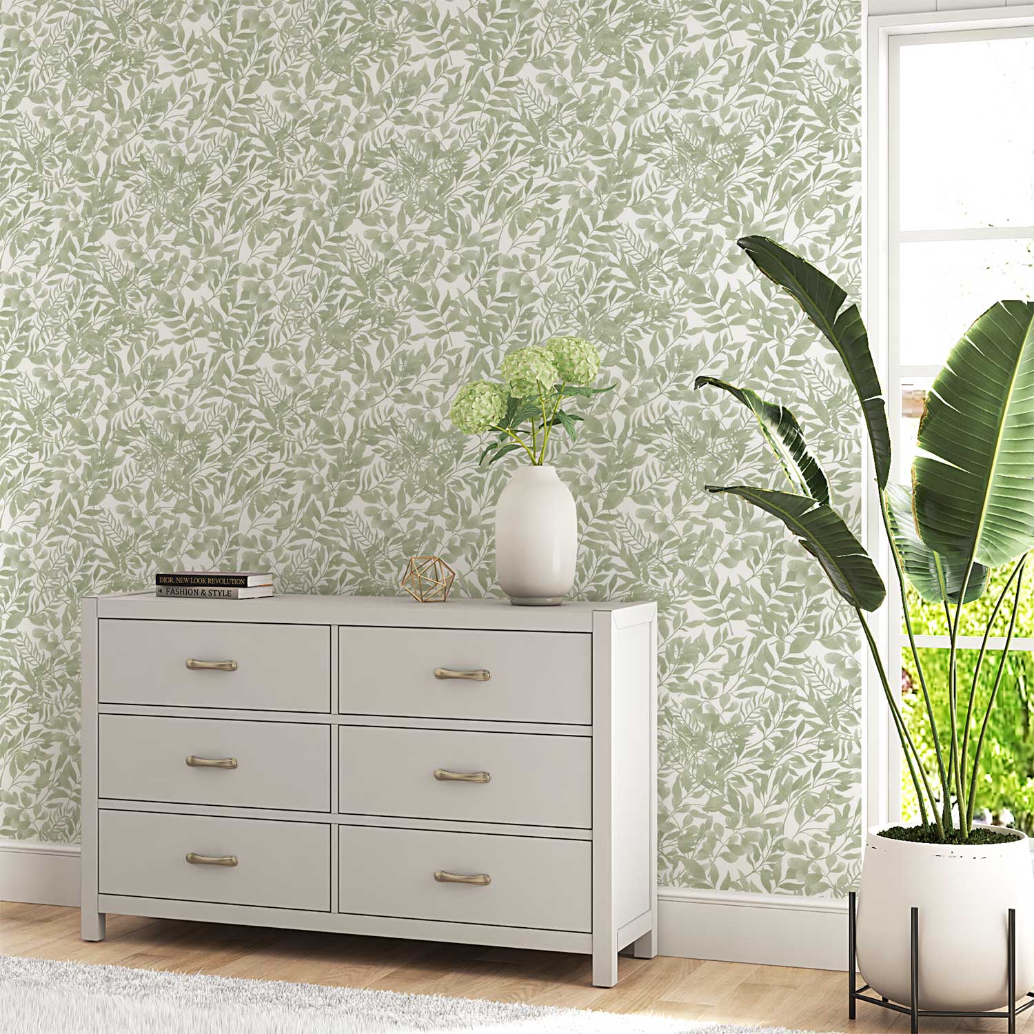 Nature-inspired green watercolor leaf wallpaper in a classic bedroom