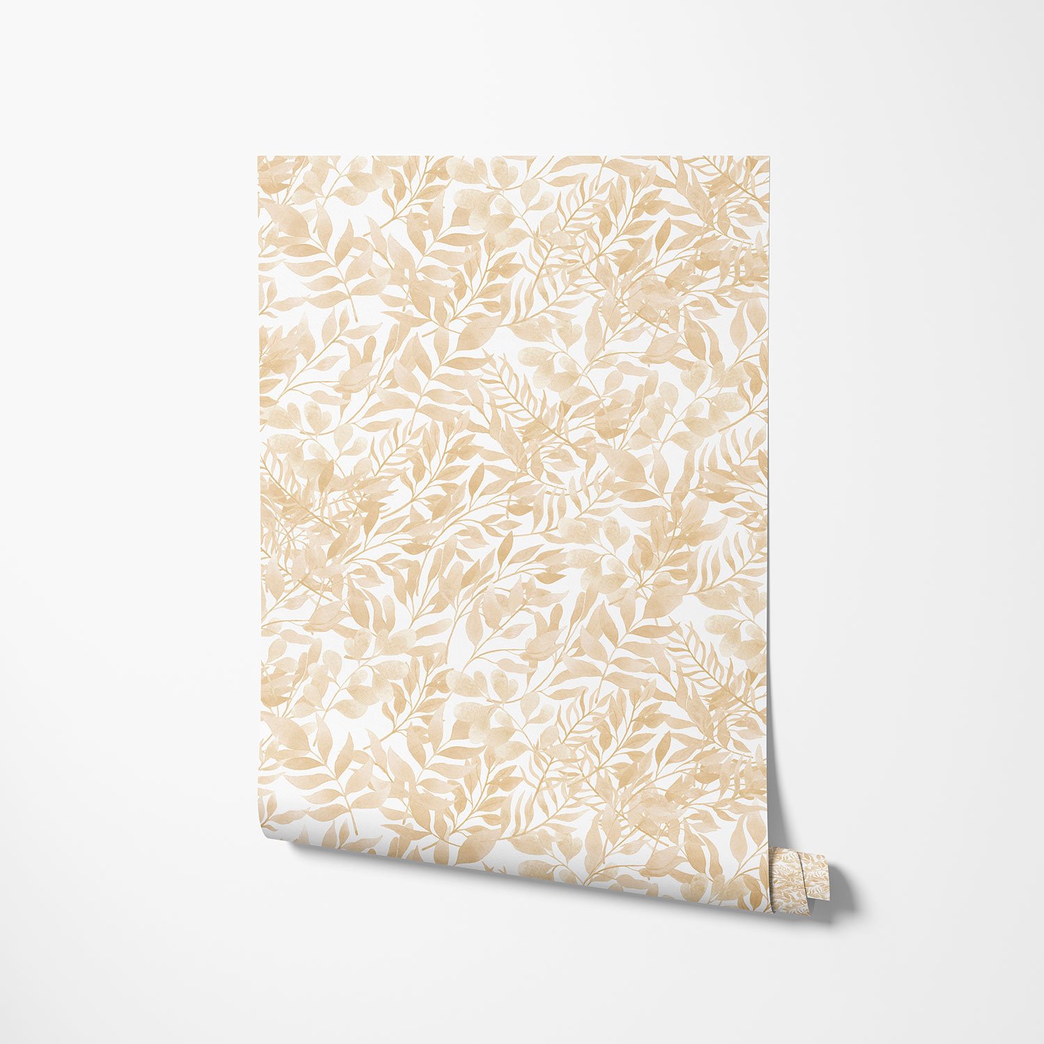 Close-up detail of neutral beige watercolor leaves wallpaper design, showcasing the intricate and delicate leaf patterns