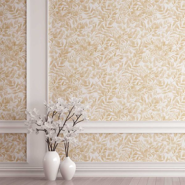 Beige Wallpaper With Watercolor Leaf Design