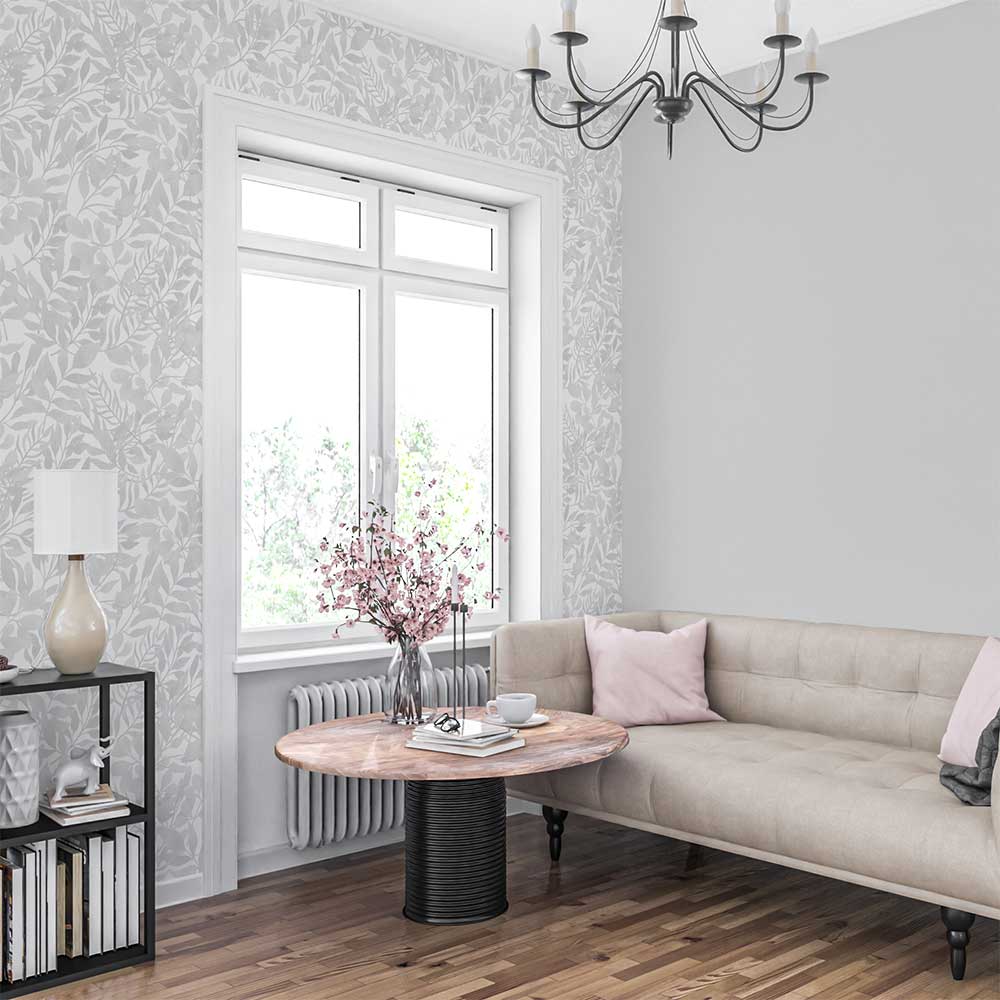 Grey watercolor wallpaper for bedroom, kitchen, bathroom, nursery, or kids' room. Options include peel and stick vinyl, polyester, traditional, and pre-pasted.