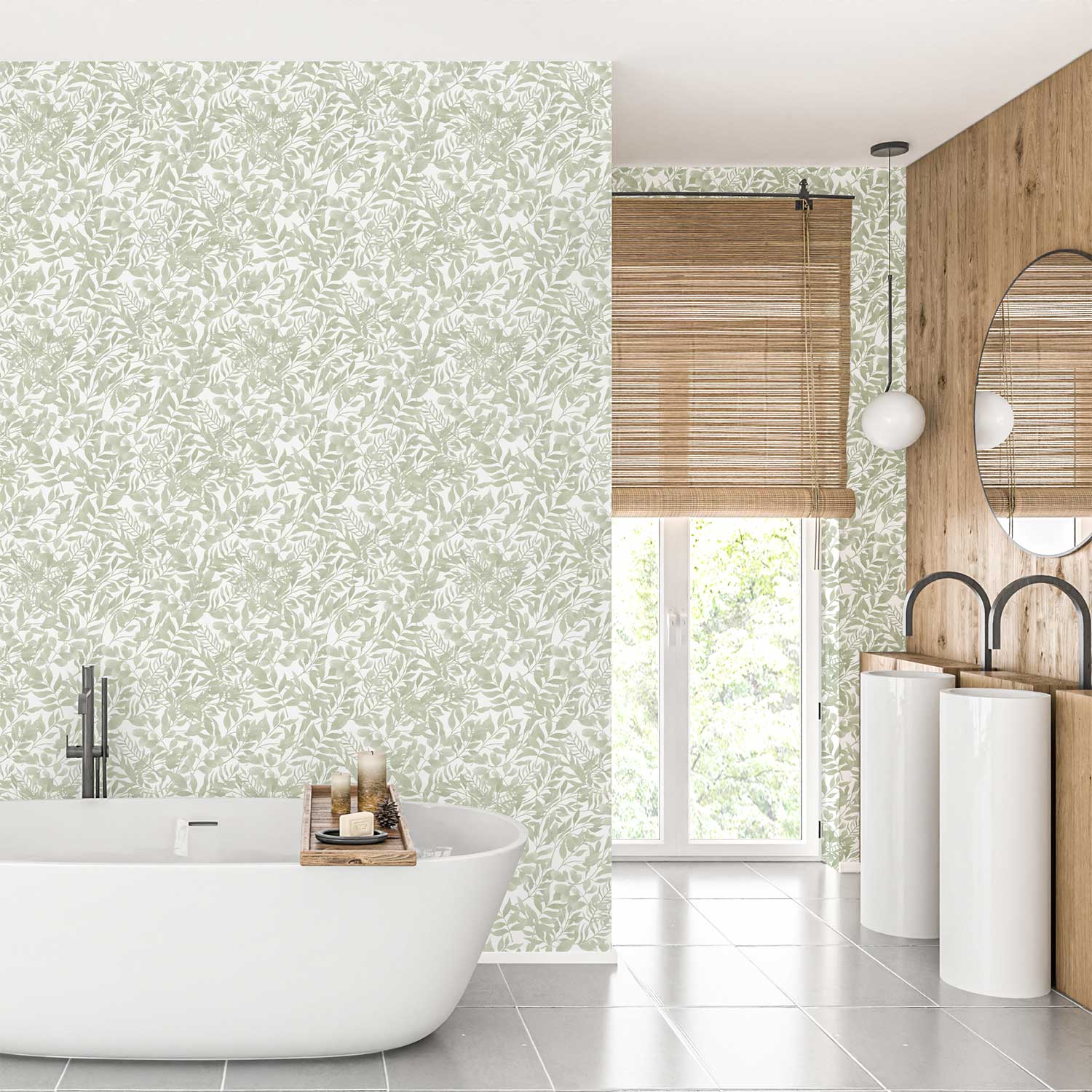 Stylish green watercolor leaf peel and stick wallpaper in a contemporary bathroom