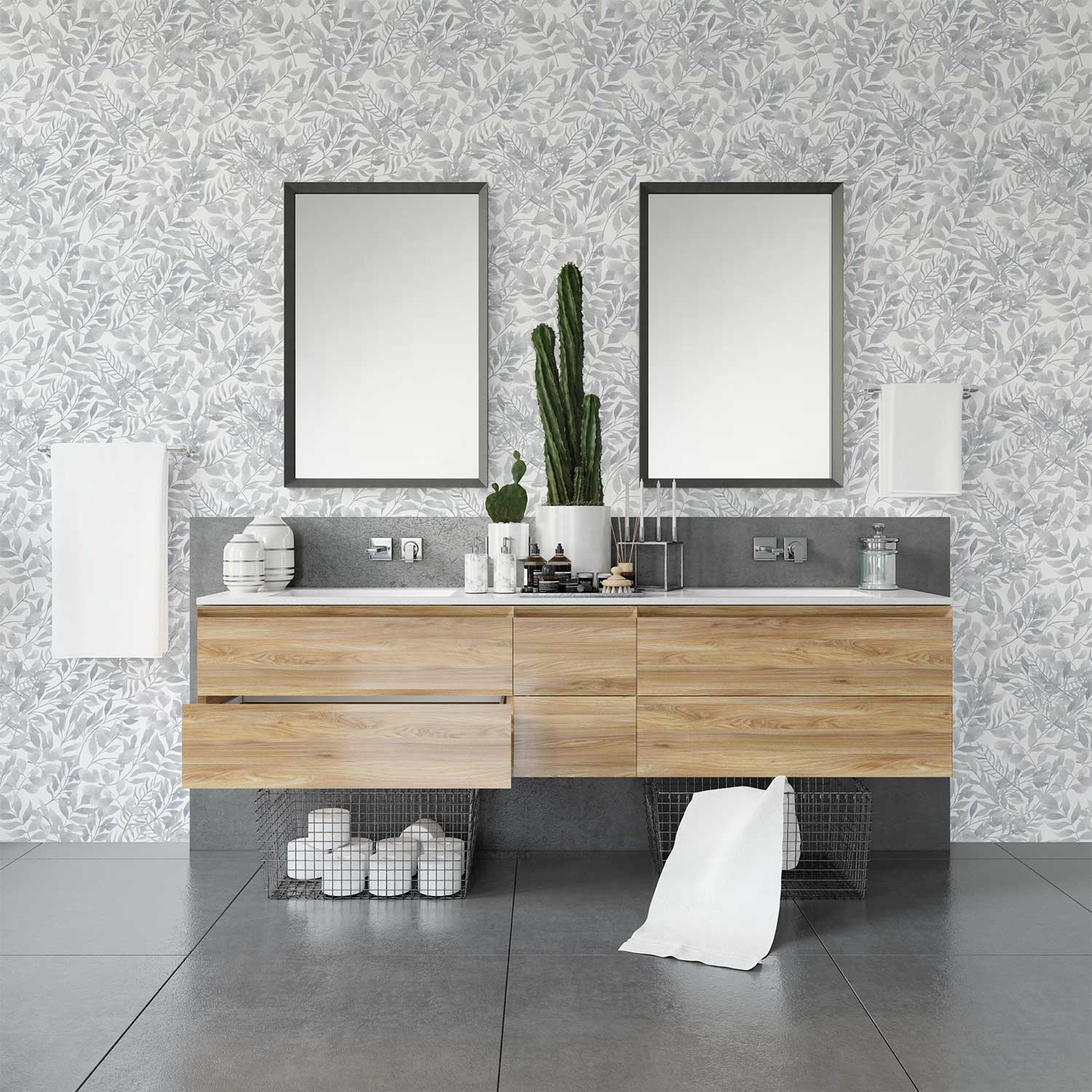 Gray watercolor leaf neutral wallpaper in a bathroom
