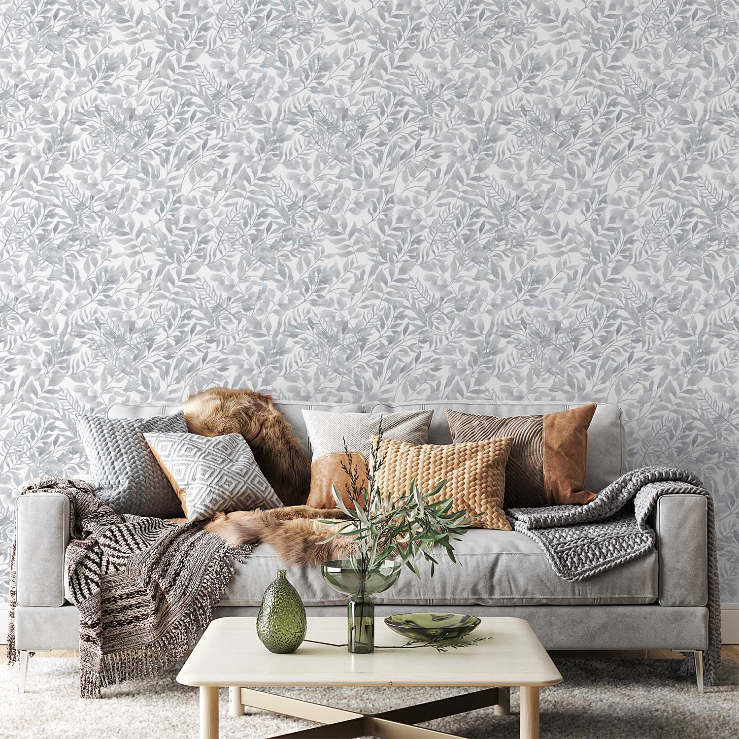 Grey watercolor wallpaper for bedroom, kitchen, bathroom, nursery, or kids' room. Options include peel and stick vinyl, polyester, traditional, and pre-pasted.
