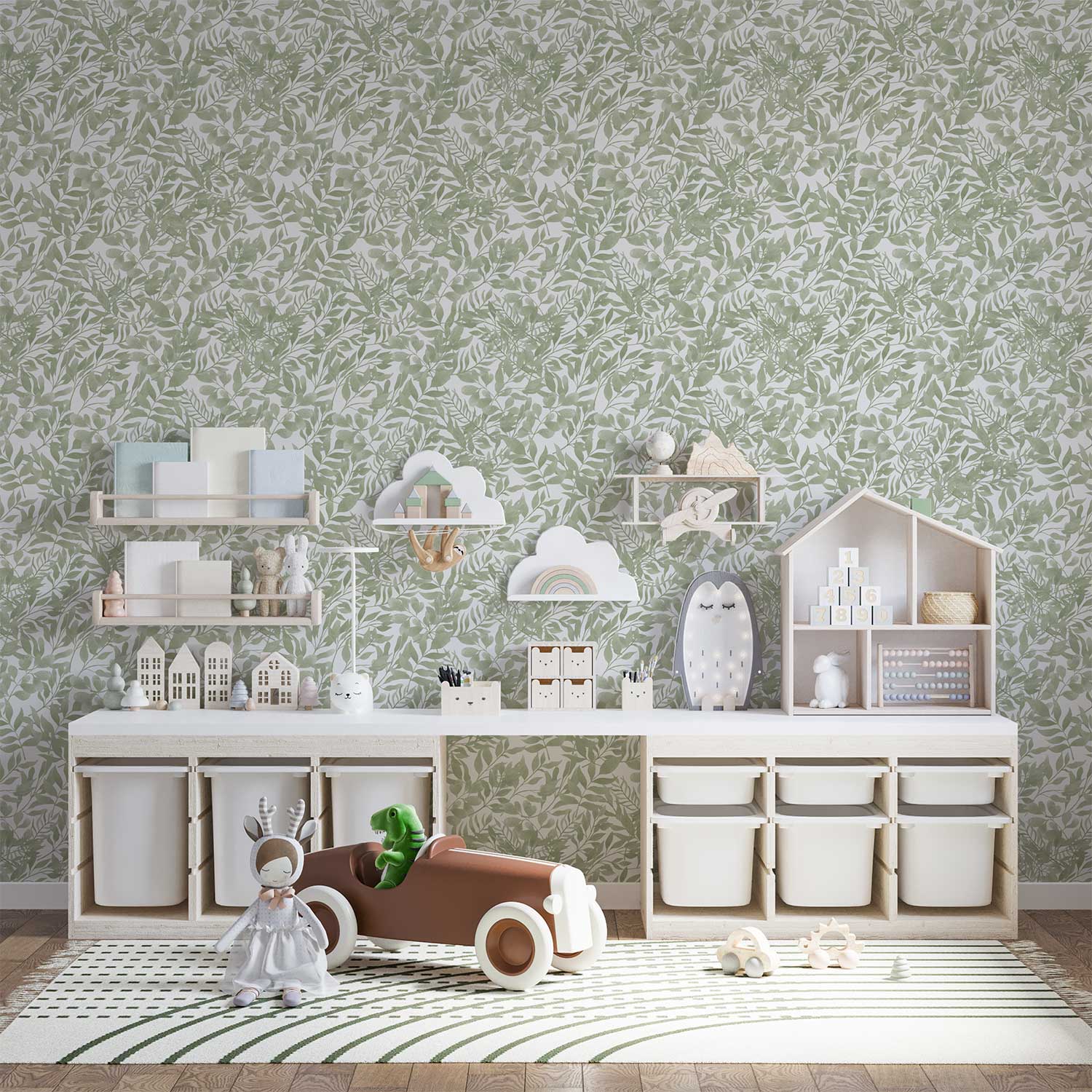 Cheerful green watercolor leaf peel and stick wallpaper in a children's playroom