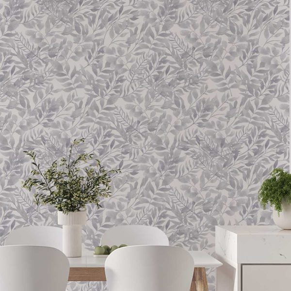 Grey watercolor leaf neutral wallpaper in a dining room