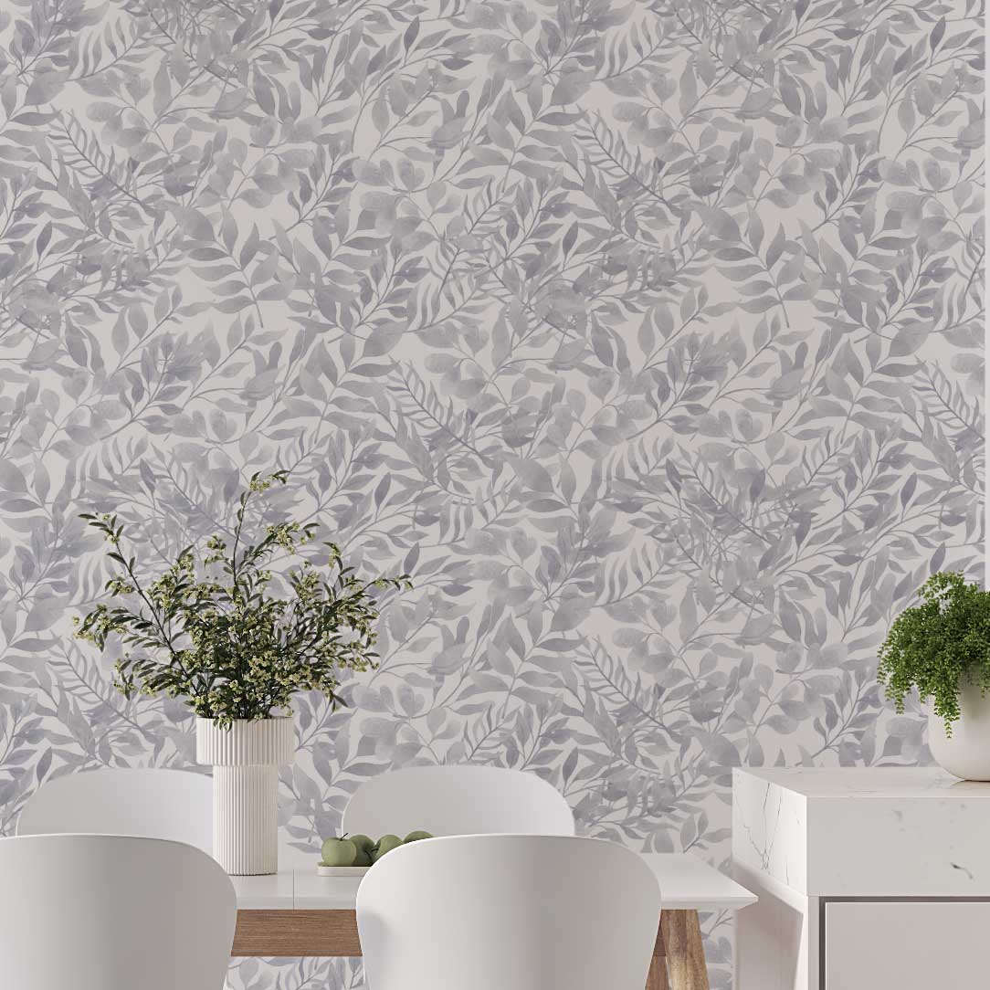 Grey watercolor leaf neutral wallpaper in a dining room