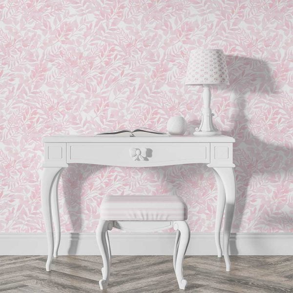 Soft pink watercolor leaves wallpaper in a hallway, creating a serene and elegant atmosphere