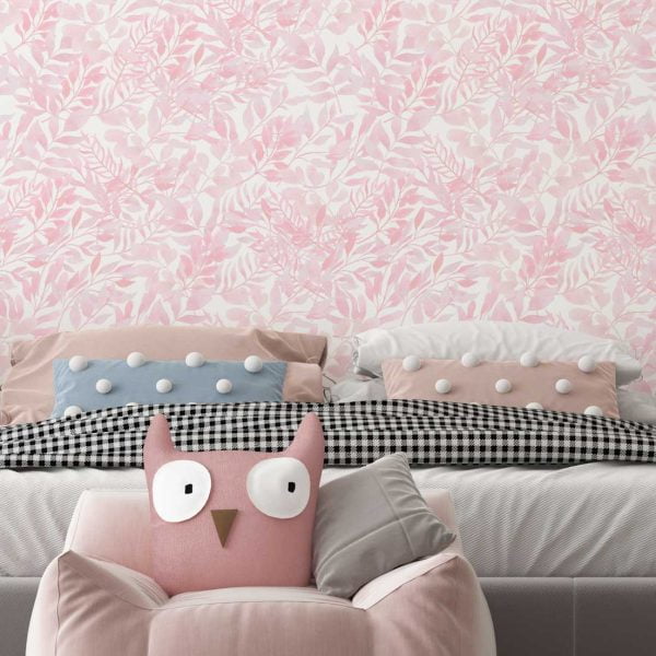 Soft pink watercolor leaves wallpaper in a girl's bedroom, adding a touch of elegance and charm