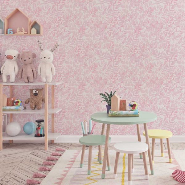 Soft pink watercolor leaves wallpaper in a kids' playroom, adding a fun and whimsical touch