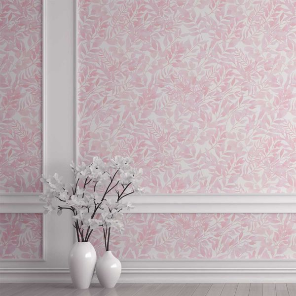 Soft pink watercolor leaves wallpaper in a hallway, creating a serene and elegant atmosphere