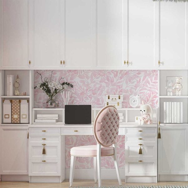 Soft pink watercolor leaves wallpaper in a girl's bedroom, adding a touch of elegance and charm