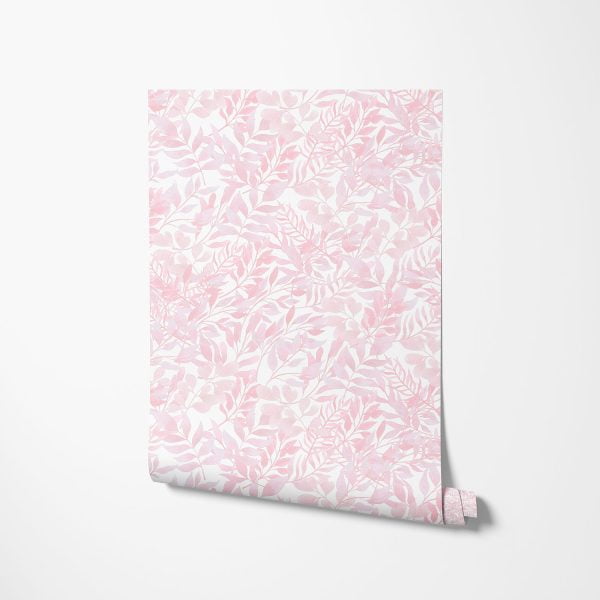 Close-up detail of soft pink watercolor leaves wallpaper design, showcasing the intricate and delicate leaf patterns