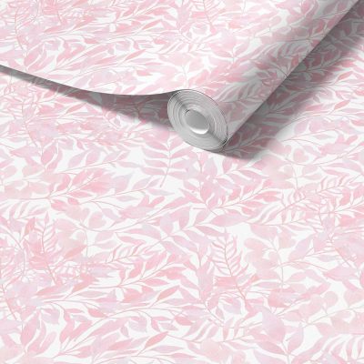 Close-up detail of soft pink watercolor leaves wallpaper design, showcasing the intricate and delicate leaf patterns