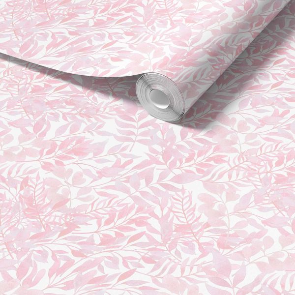Close-up detail of soft pink watercolor leaves wallpaper design, showcasing the intricate and delicate leaf patterns