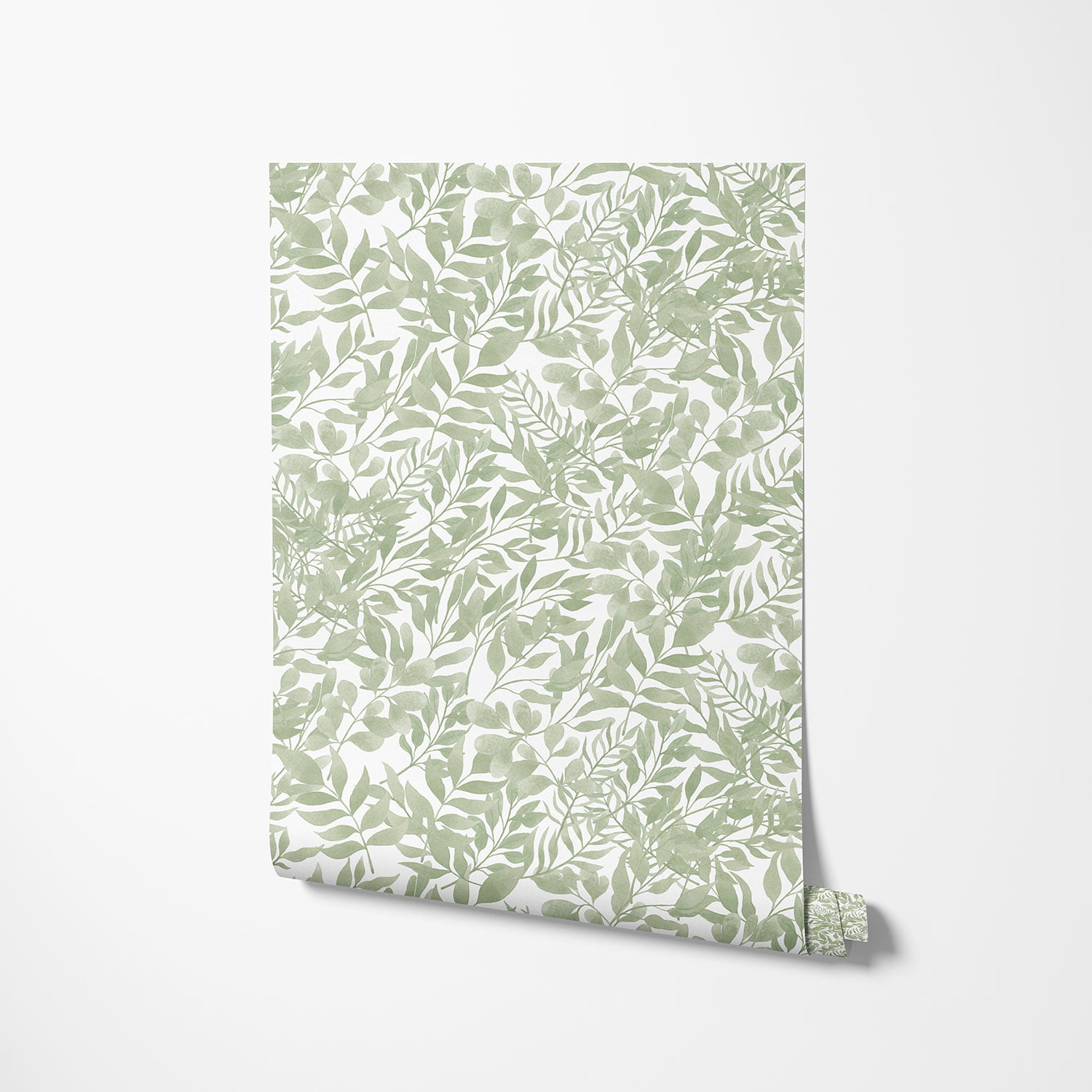 Close-up detail of soft sage green watercolor leaves wallpaper design, showcasing the intricate and delicate leaf patterns