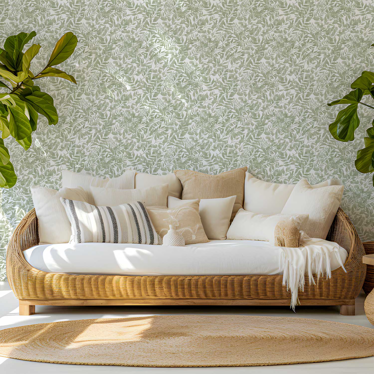 Nature-inspired green watercolor leaf wallpaper in a chic sitting room