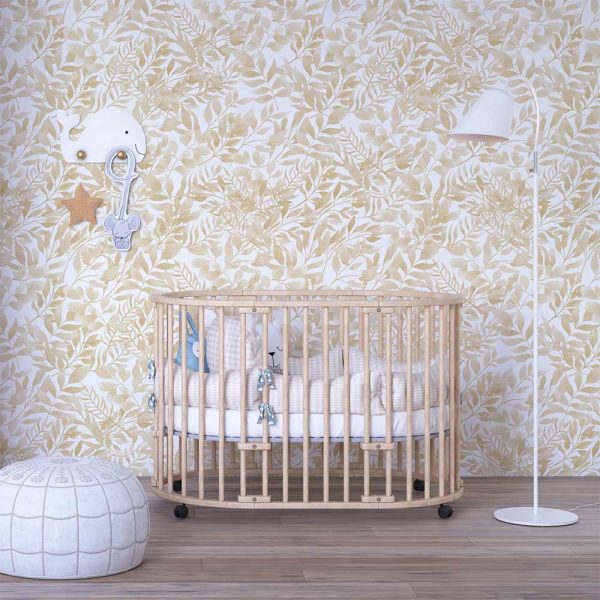 Beige watercolor wallpaper for baby nursery with peel and stick vinyl, polyester, traditional, and pre-pasted options.