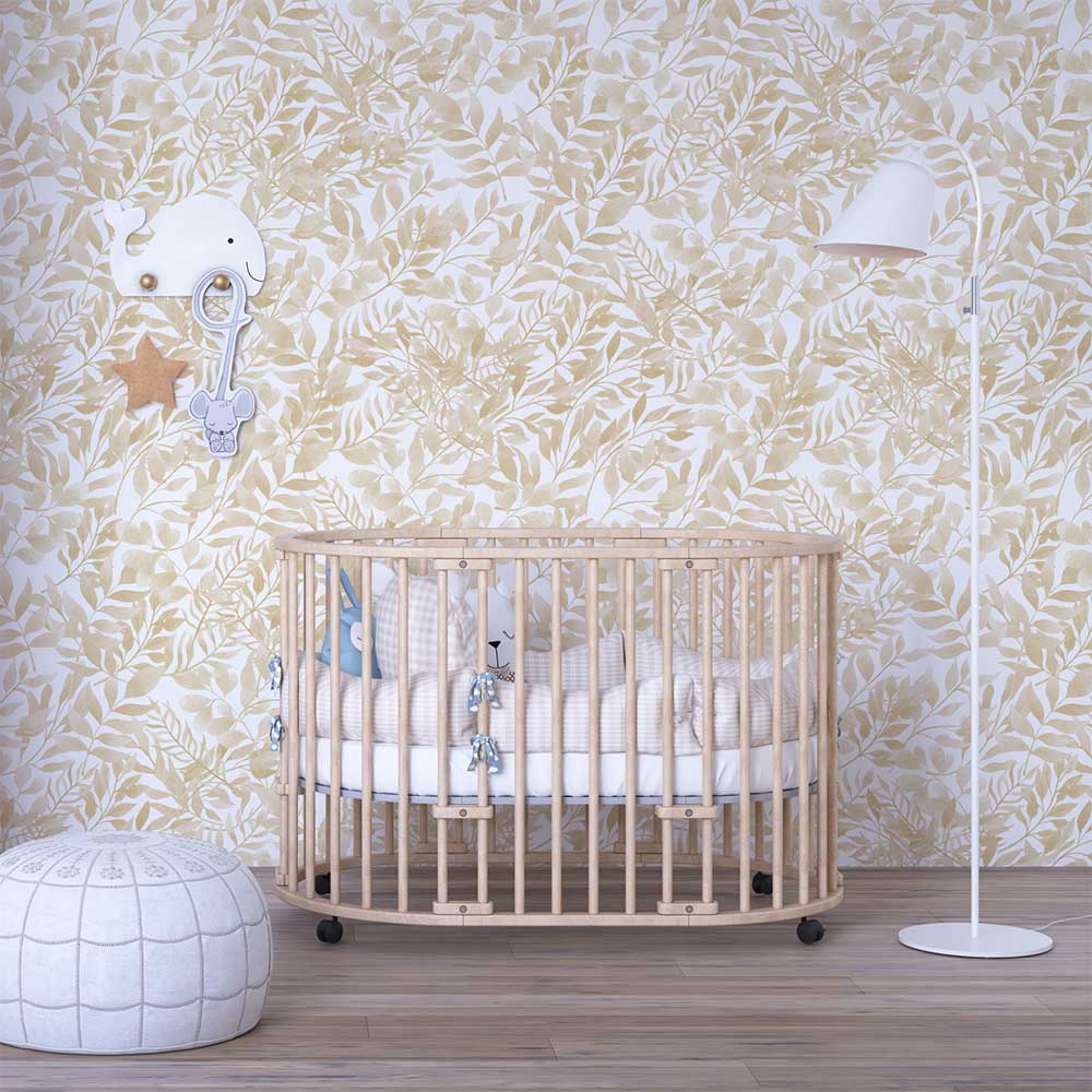 Beige watercolor wallpaper for baby nursery with peel and stick vinyl, polyester, traditional, and pre-pasted options.