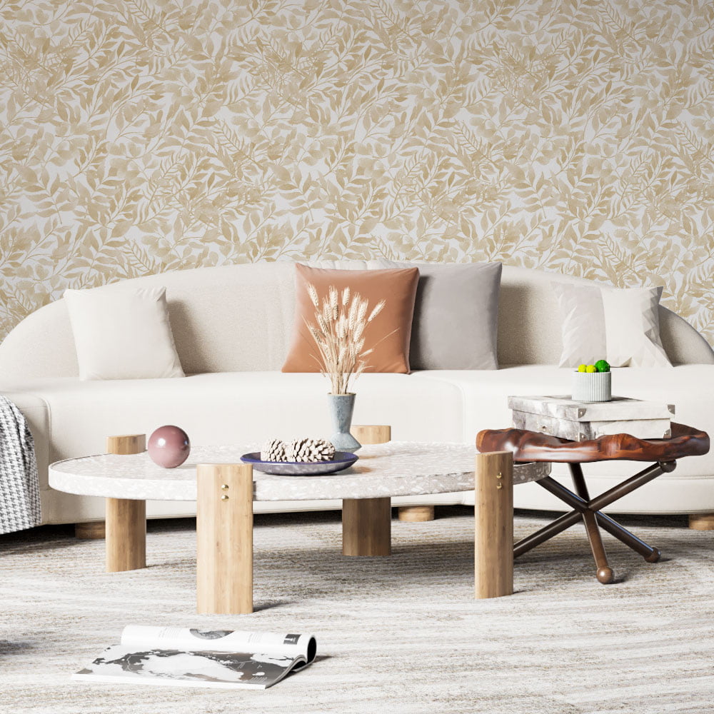 Beige watercolor wallpaper for bedroom, kitchen, bathroom, nursery, or kids' room. Options include peel and stick vinyl, polyester, traditional, and pre-pasted.