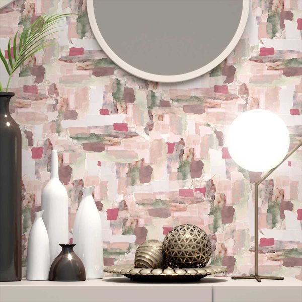 Abstract pink removable wallpaper in a living room