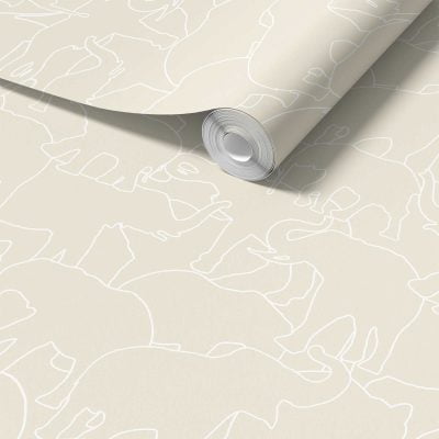 Close-up detail of beige and white elephant wallpaper sample
