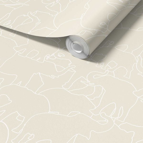 Close-up detail of beige and white elephant wallpaper sample
