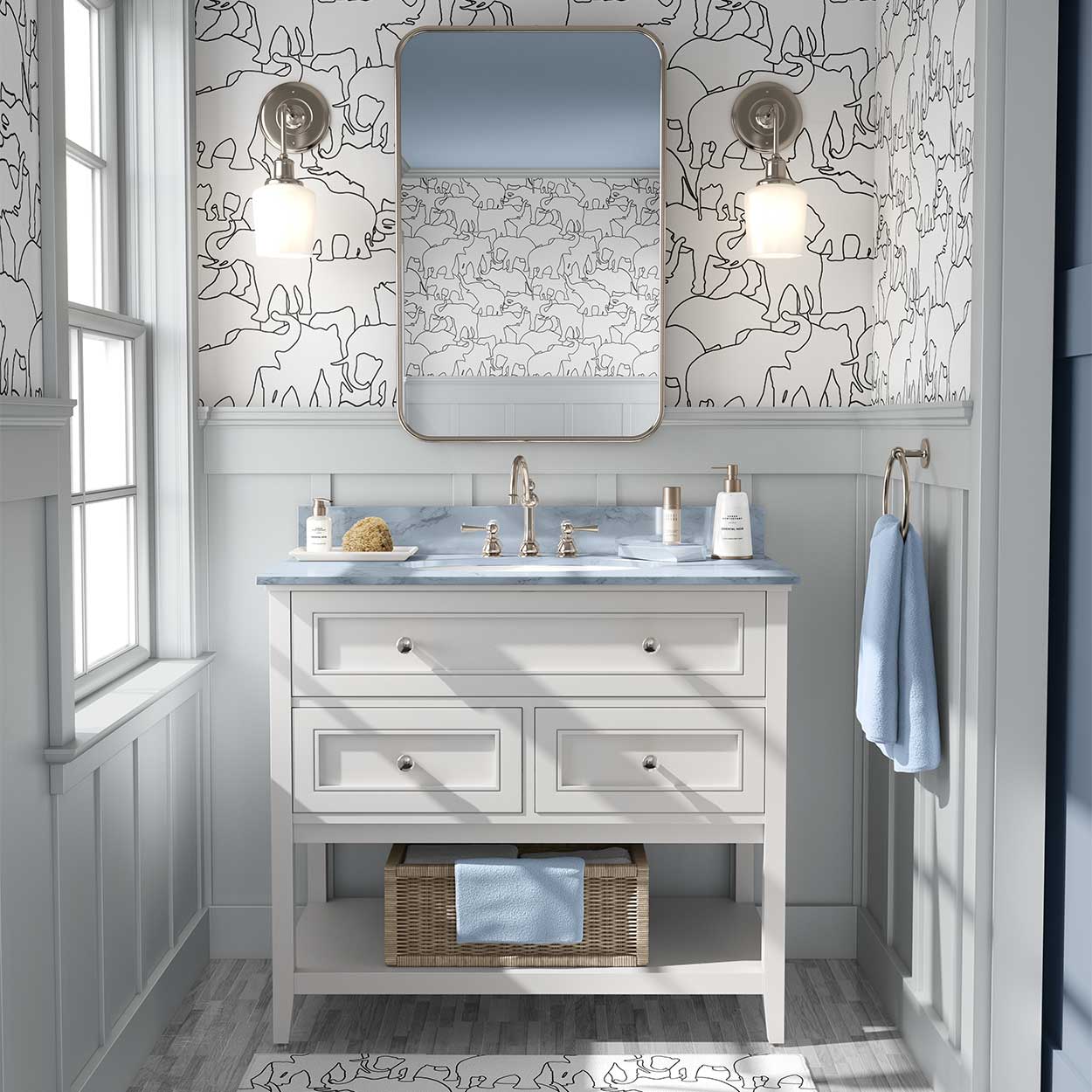 Fun black and white elephant wallpaper in a kids bathroom