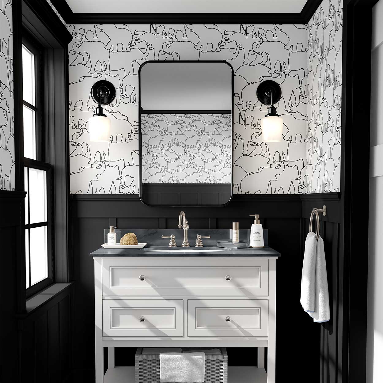 Fun black and white elephant wallpaper in a kids bathroom