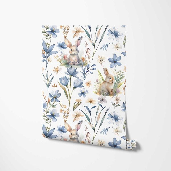 Close-Up of Cute Bunny Rabbit Floral Wallpaper in Blue - Cottage Chic Pattern