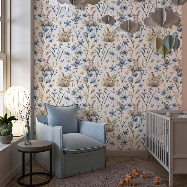 Cute Bunny Rabbit Floral Nursery Wallpaper in Blue - Cottage Chic Decor for Baby's Room
