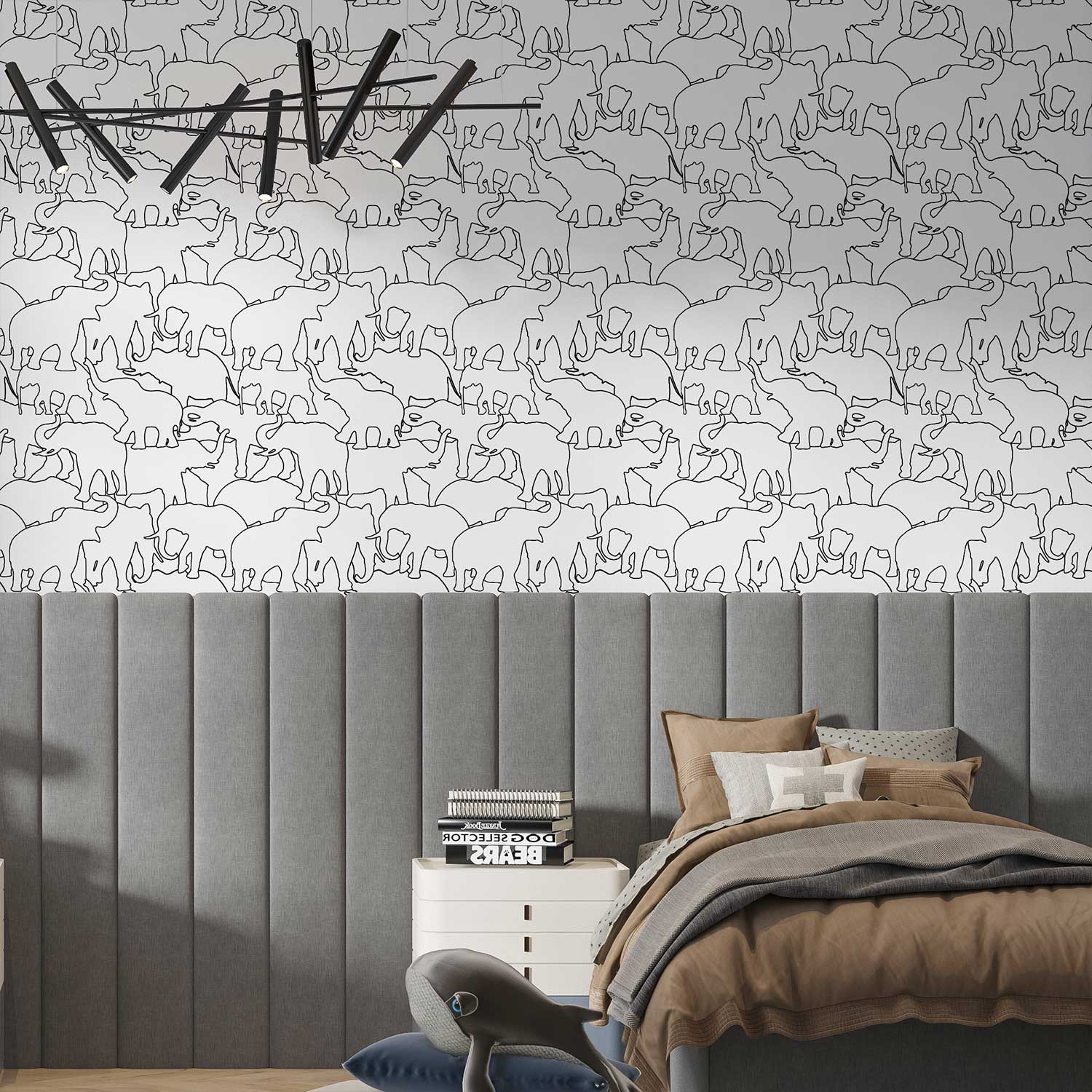 Modern black and white elephant wallpaper in a kids room