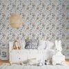 Cute Bunny Rabbit Floral Wallpaper in Blue - Cottage Chic Decor for Kids Playroom