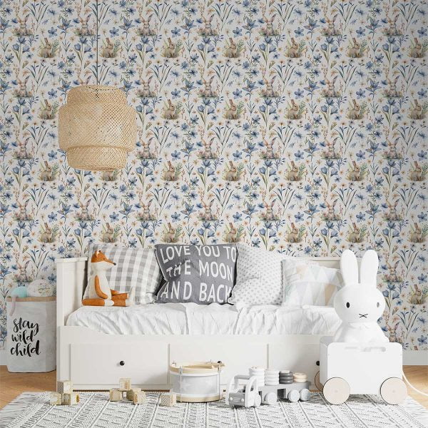 Cute Bunny Rabbit Floral Wallpaper in Blue - Cottage Chic Decor for Kids Playroom