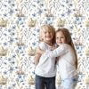 Detailed View of Cute Bunny Rabbit Floral Wallpaper in Blue - Cottage Chic Design